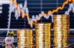 Uptrend stacks coins, dices cube  GO, financial chart